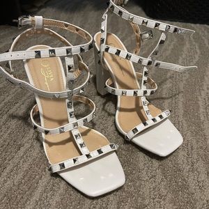 Studded square toed block heels